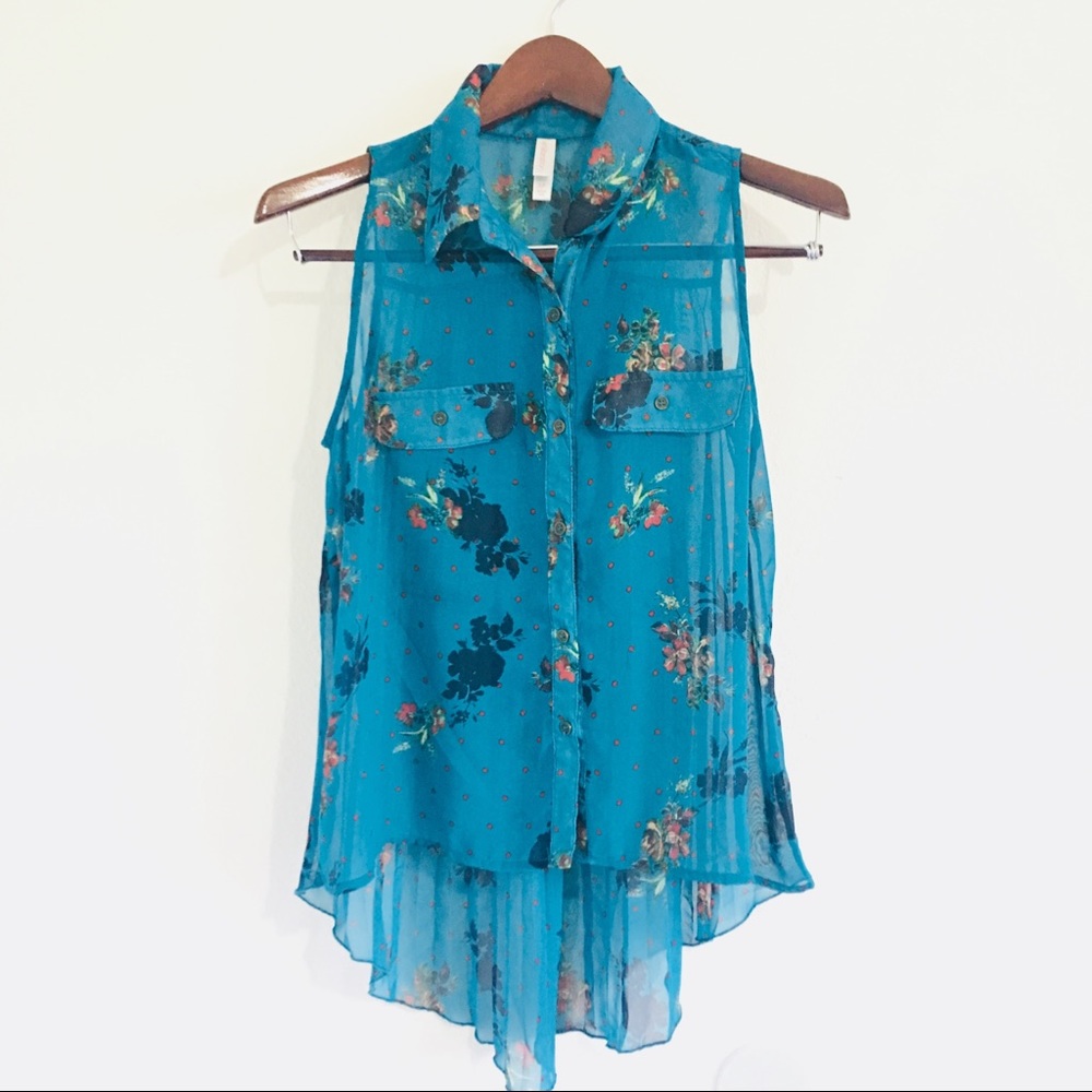 Sheer blue-green loose top (high-low design)